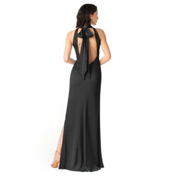 Azazie x Delaney Childs Bridesmaid Dress Black Satin Size A 10 Sexy High Neck - Picture 2 of 7